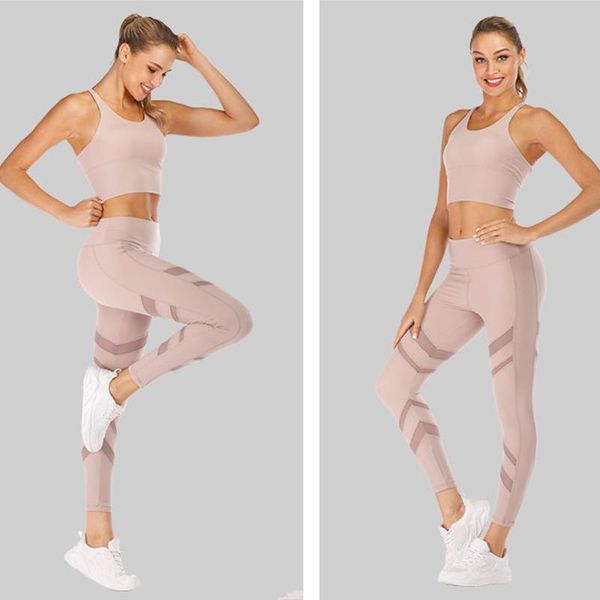 

women yoga set thin shoulder strap back cross sports bra yoga mesh stitching slim pants gym leggings fitness workout, White;red