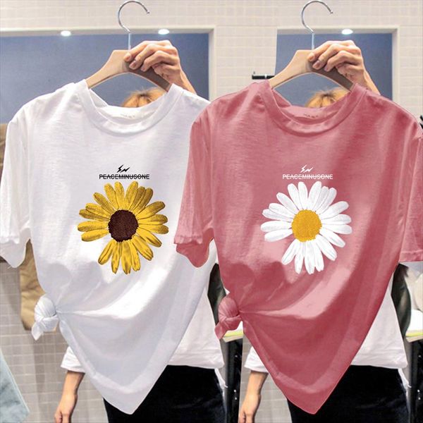 

small wrinkled chrysanthemum t-shirt women's ins fashion 2020 loose combed cotton short-sleeved women's students, White