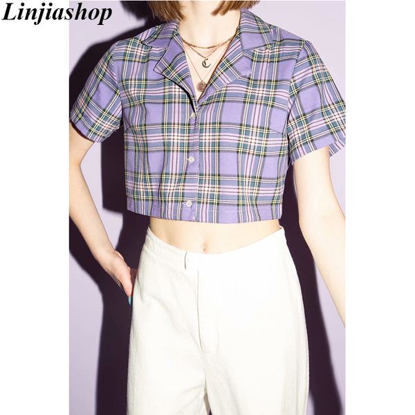 

women's blouses & shirts women crop blouse shirt vintage holiday beach 2021 summer short sleeve buttons cute plaid, White