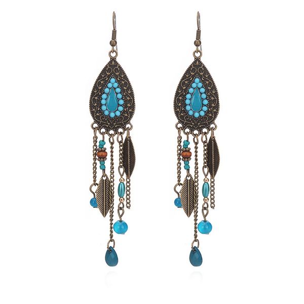 

2019 european and american fashion water drop leaf earrings retro rice beads tassel long ear nail earrings, Silver