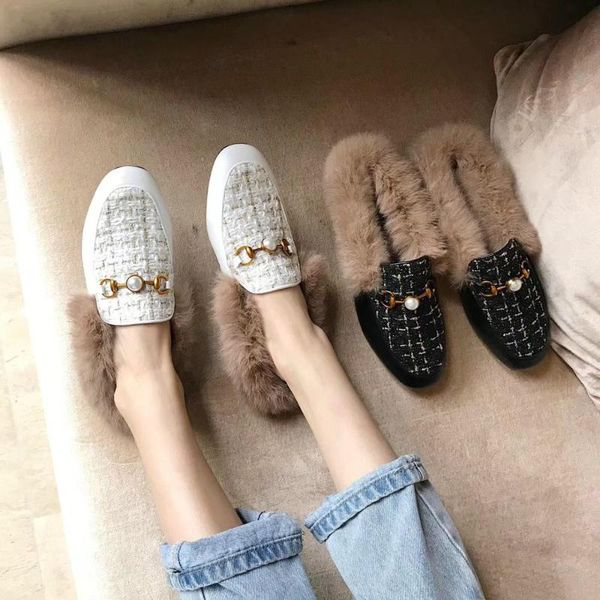 

everythsoul brand designers 2019 winter luxury metal chain hair woman fur slides slip on loafers velvet mules flip flops, Black