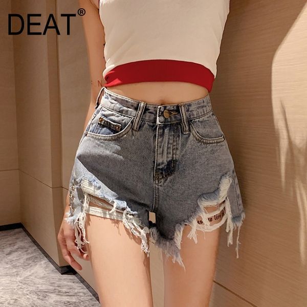 

deat 2020 new summer fashion casual patchwork solid hole irregular straight high waist slim denim shorts women sd583, Blue