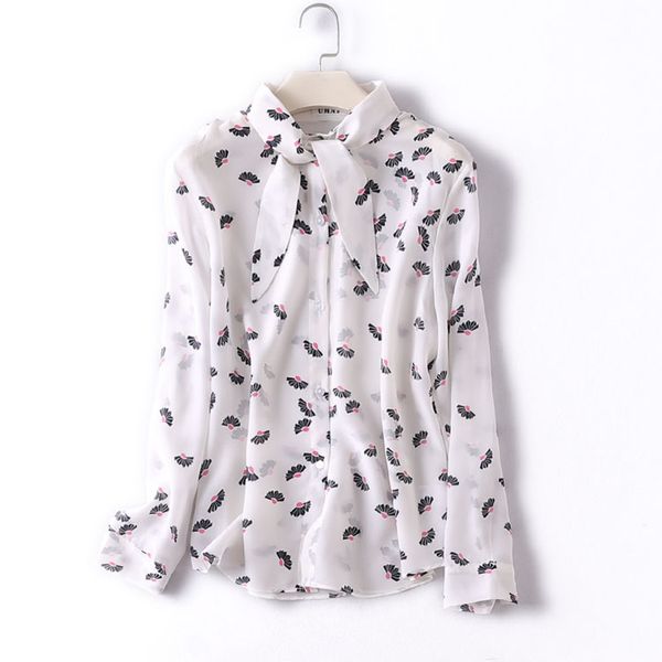 

100% natural silk blouses solid color long sleeve real silk print blouse for women office wear shirts work blouses, White