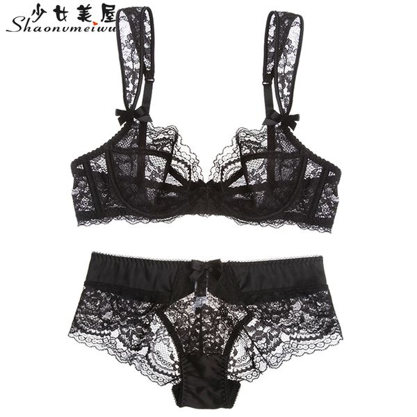 

нижнее белье shaonvmeiwu lace sexy bra set удобная дышащая бюстгальтер прозрачный брэстед большой размер черный искушение нет губка, Red;black