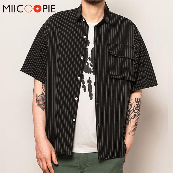 

summer black and white striped shirt men 2020 new oversized short sleeve blouse vintage streetwear men hip hop harajuku shirt, White;black