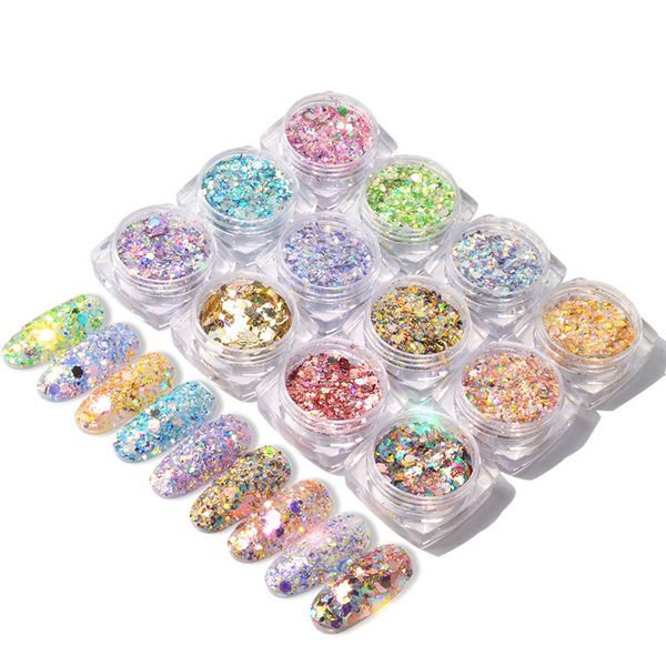 

1 box holographic nail glitter mix star round heart flakes mermaid mirror irregular paillette diy sequins nail art decor tr680-1, Silver;gold