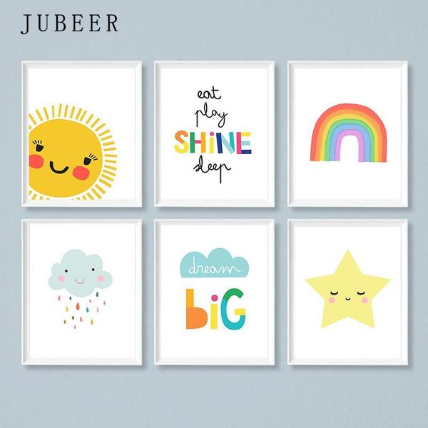 

girl room decoration rainbow poster 6 piece set nursery bedroom decoration painting for children room cloud sun cute picture