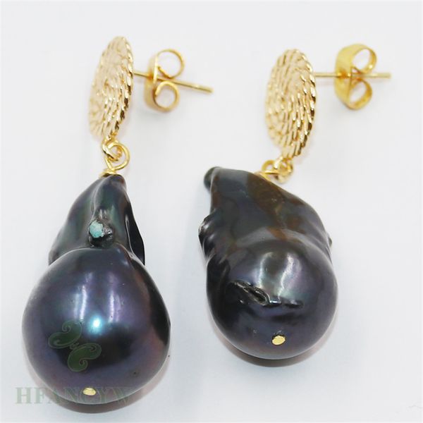 

16-26mm black baroque pearl earrings hook earbob no repair chic wedding cultured dangler flawless fashion classic, Silver