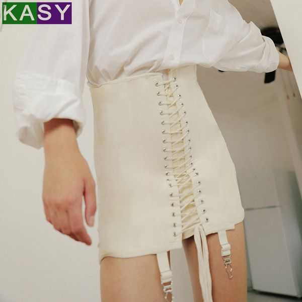 

2020 women high waisted front lace up a-line mini skirts for summer hollow out sheath streetwear plain white black skirts