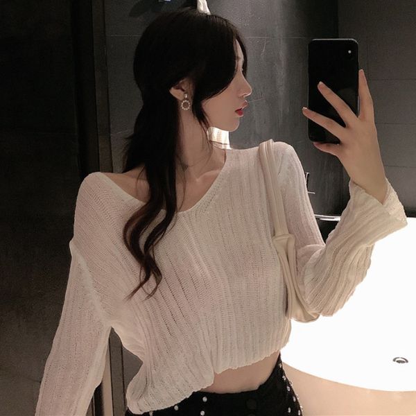 

v-neck sweater 2020 summer new loose high waist slimming clavicle all-match sunscreen blouse women, White