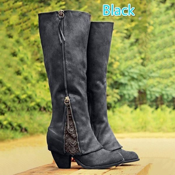 

women fashion riding boots fold over design near ankle with lace detailing at edge plus size black knee-high boots 889