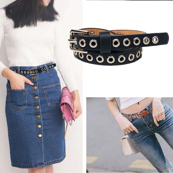 

full hole wo small hip-hop punk casual men's and women's full hole belt rivet decorative porous small belt, Black;brown