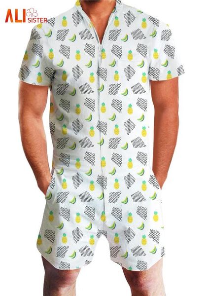 

fashion pineapple fruit floral print rompers 2018 summer men's short sleeve v neck jumpsuit men paysuit casual beach overalls, Gray