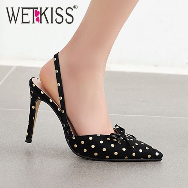 

wetkiss woman stilettos sandals big size ladies sandals polka dot thin high heels slingback bow tie women shoes dress, Black