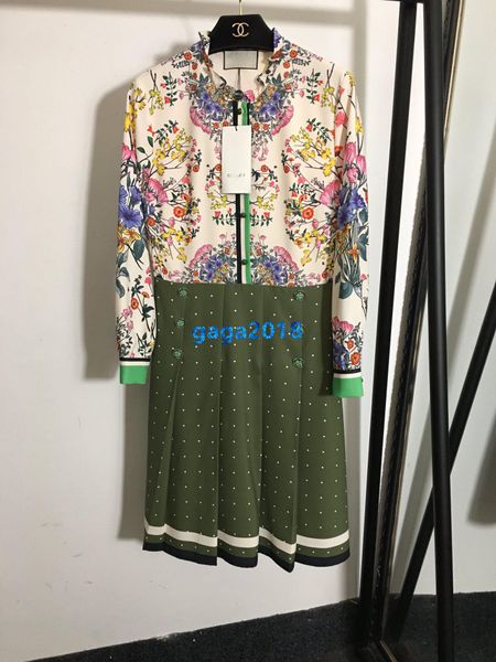 

high end женщины девушки короткие плиссированные рубашки платье рябить круглый вырез пэчворк цветочный точечный узор с длинным рукавом a-lin, Black