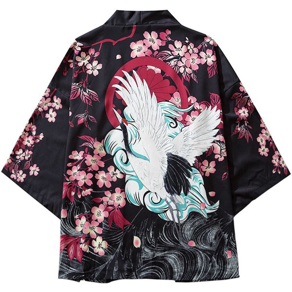 

Januarysnow Japanese Style Kimono Jackets Crane Floral 2019 Men Harajuku Streetwear Short Jacket Casual Thin Gown Sweat Wear Japan Summer