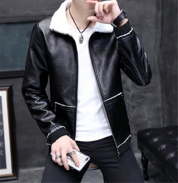 

slim stand collar mens pu leather jackets autumn thick long sleeve mens outerwear fashion mens faux leather coats, Black