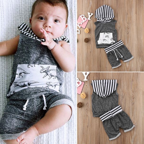 

2019 new casual toddler kids baby boy sleeveless striped hooded tank +shorts pants 2pcs kid outfit dinosaur clothes set, White