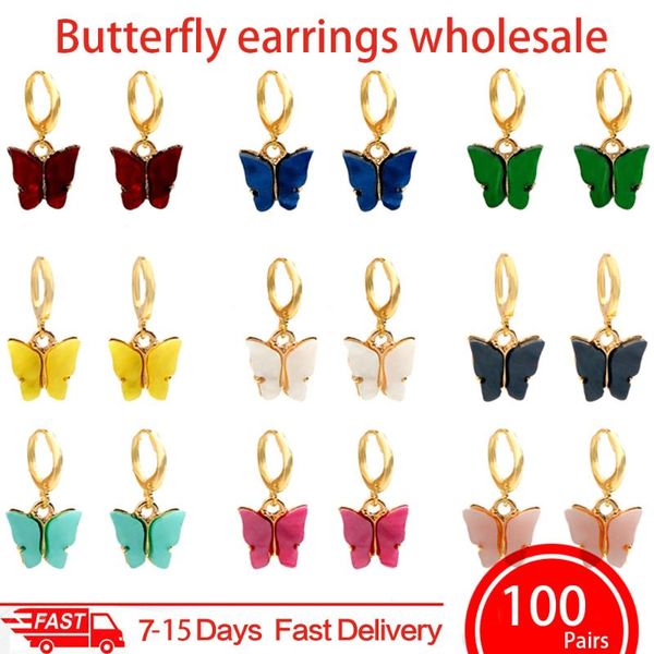

just feel 100pair/set fashion acrylic butterfly drop earrings gold silver color lovely insect dangle earrings sets jewelry gift