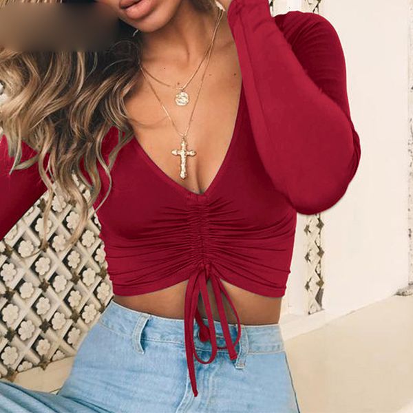 

v neck long sleeve crop women autumn ruched lace up casual tee shirt black winter shirts women, White