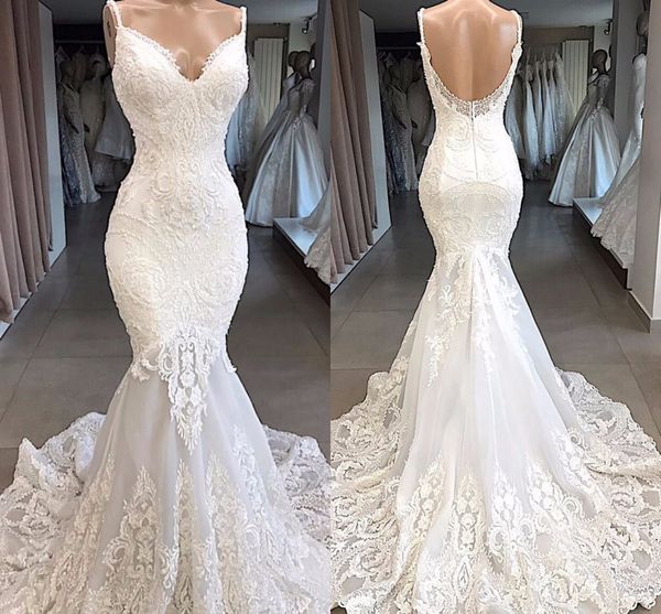Real Pictures Vintage Spaghetti Lace Appliqued Mermaid Wedding