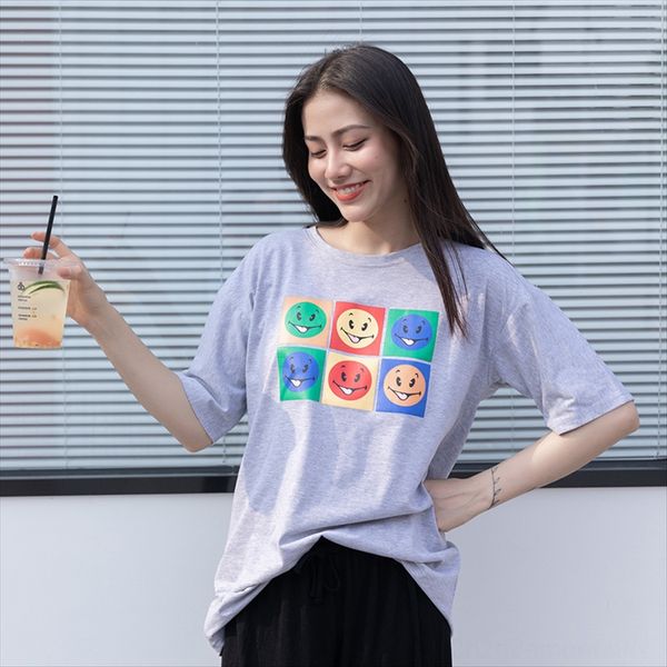 

2020 loose smiling face printed round collar t-shirt slim versatile cotton women's short sleeves 2020 loose smiling face printed round, White