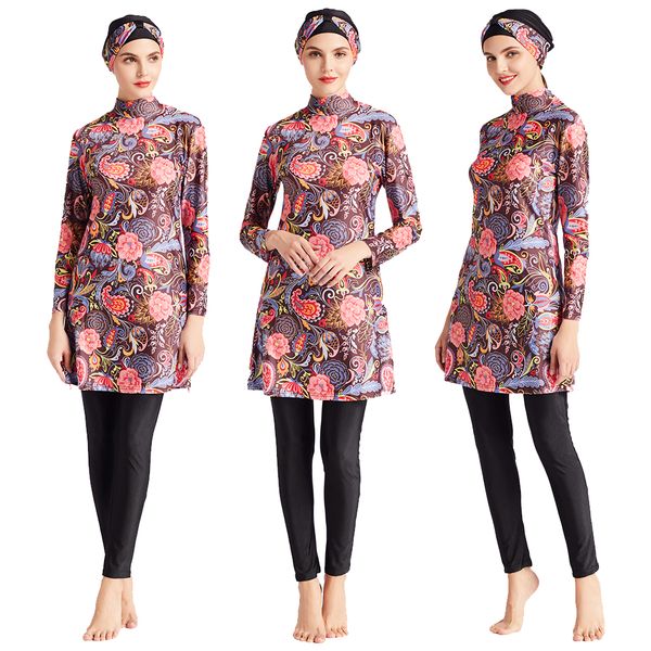 

3pcs swimwear muslim burkini floral printed long sleeve women swimsuit islamic full cover modest arab swim bathing costume suit, Red