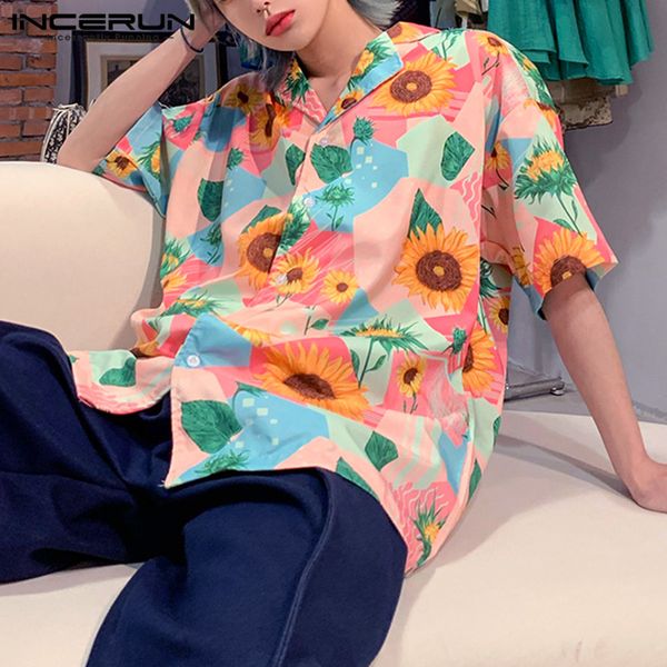 

men summer printed shirts fashion sunflower floral camisa casual short sleeve lapel blouse hawaiian vocation shirt s-5xl incerun, White;black