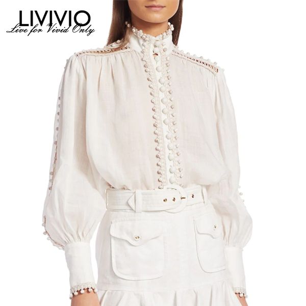 

livivo] vintage new tassel 100% cotton lantern sleeve hollow retro court style linen collar loose long sleeve shirt women, White