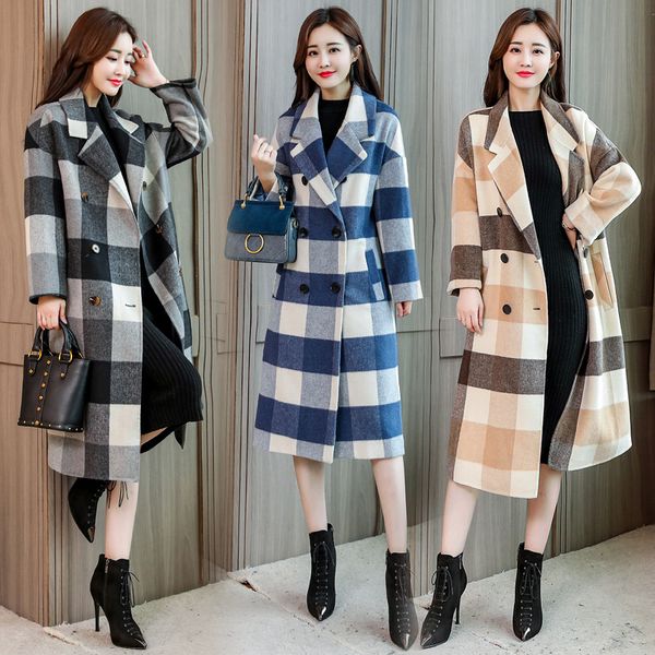 

long coat women woolen coats autumn winter clothing korean elegant women coats lattice ladies cashmere 1928, Black