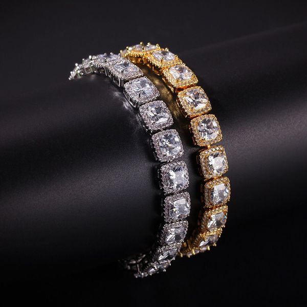 

10mm men's square zircon bracelet hip hop jewelry gold silver colors brass material iced out cz stone for gift, Black