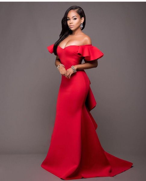 

2019 new satin backless mermaid evening gowns saudi arabia ruched sweep train formal party dress gorgeous red off shoulder prom dresses, Black