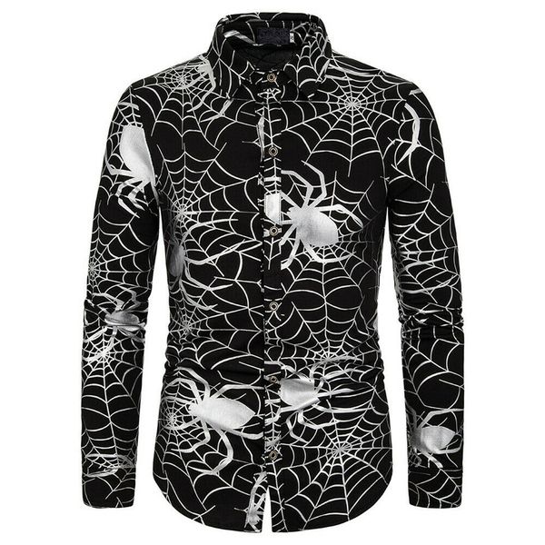 

2019 new fashion men halloween party 3d spider print long sleeve shirt casual slim fitness tee male fit shirts clothes, White;black