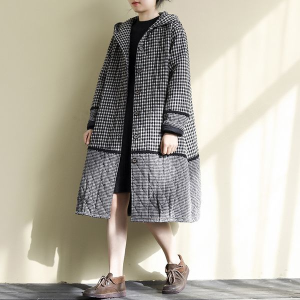 

winter parkas retro women long loose padded warm coat female 2019 new hooded button plaid all-match parkas overcoat, Black