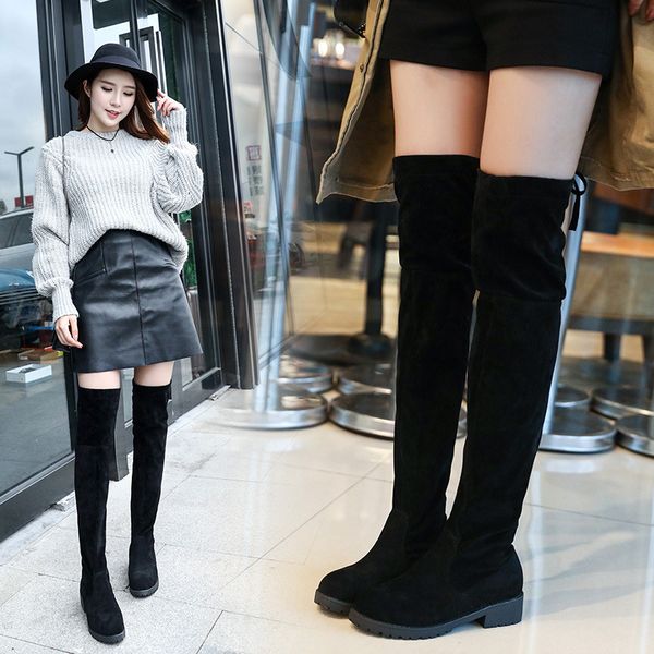 

2019 autumn and winter new korean version of the wild knee boots children's fashion in the suede high boots women's, Black
