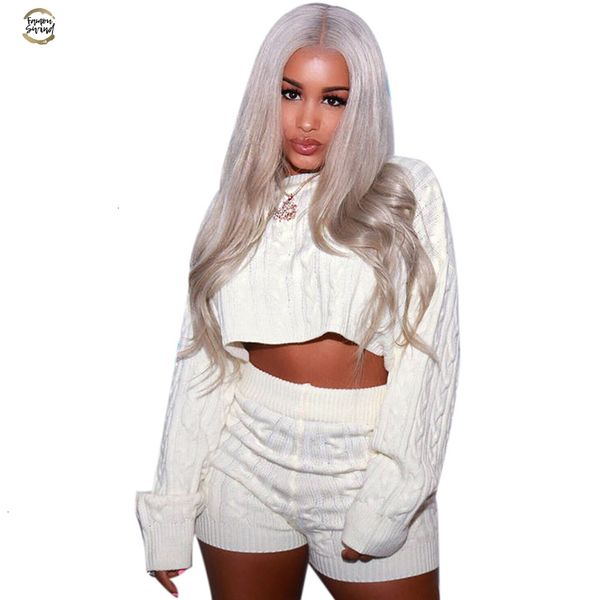 

women two piece set club outfits sweater crop and biker shorts knitted suit clothes tracksuit matching sets, Gray