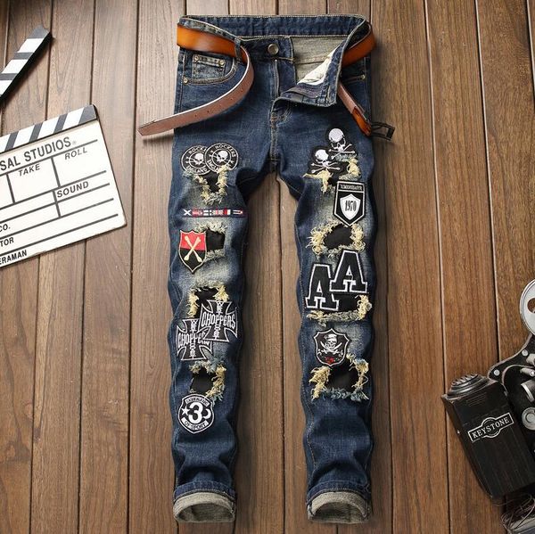 

original design pants men's jeans uomo hole patch elastic force embroidery skull feet pants elastic force trousers male, Blue