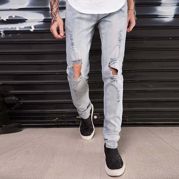 

men hi-street distressed jeans slim fit ripped denim joggers knee holes washed destroyed jeans, Blue
