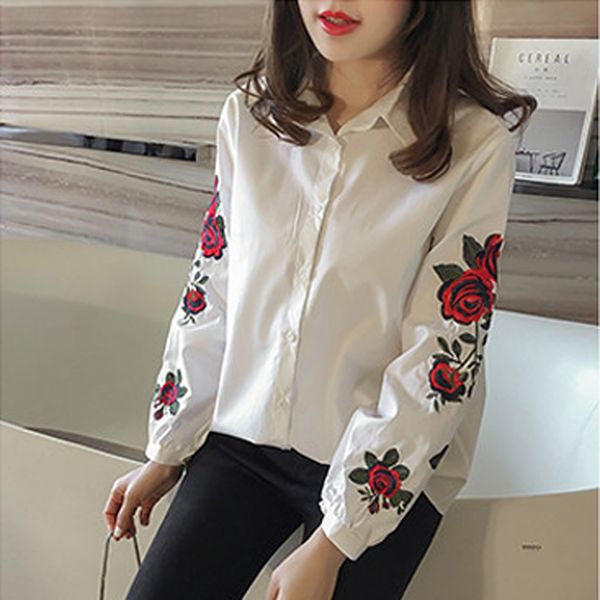 

fashion women's floral long sleeve button down blouse cotton casual shirt, White