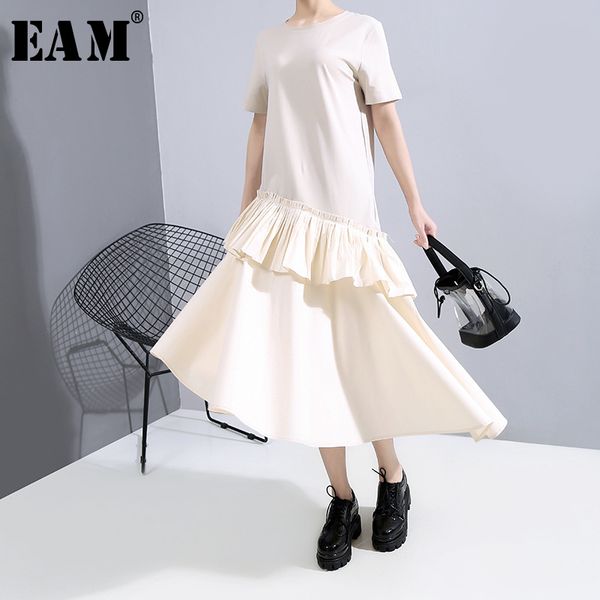 

eam] женщины плиссированные оборками асимметричное платье новый круглый вырез с коротким рукавом свободный покрой мода прилив весна лето 20, Black;gray