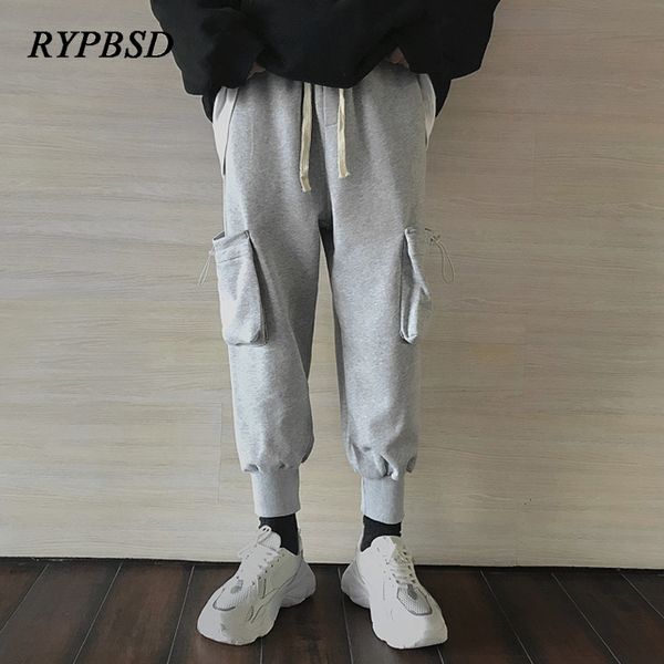 

cargo pants men cotton joggers sportswear pants elastic waist multi-pocket loose black gray male streetwear sweatpants trousers
