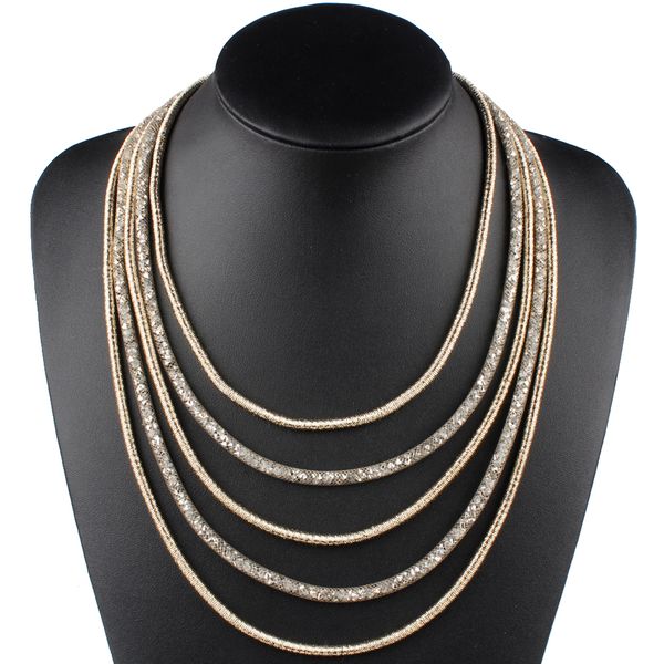 

claire jin bohemian handmade sparkling crystal rope multi layer necklace ethnic women jewelry choker fashion accessories, Golden;silver