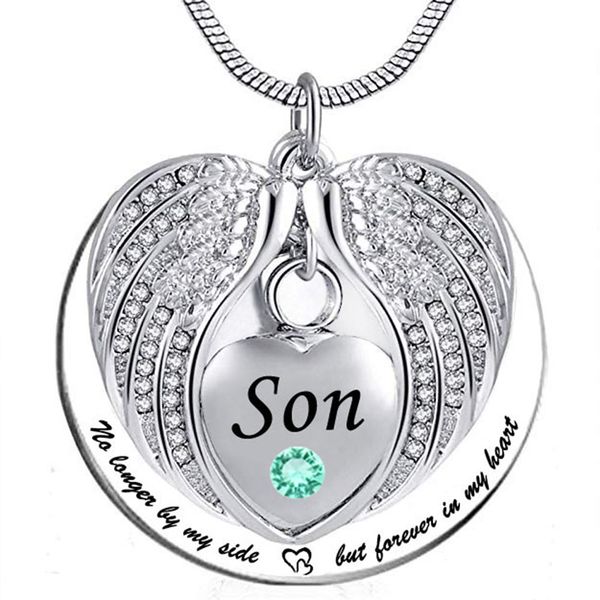 

cremation jewelry urn necklace for ashes no longer by my side but forever in my heart angel wings memorial pendant for son, Silver