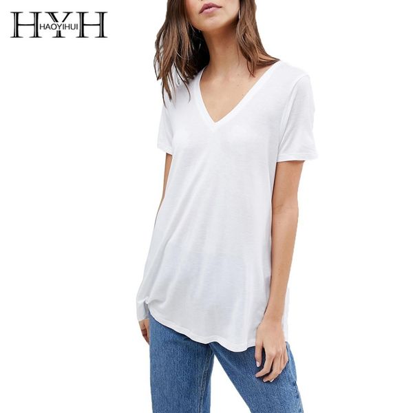 

hyh haoyihui summer pure color short sleeve new girl simple commuter v-neck wide hem t-shirt, White