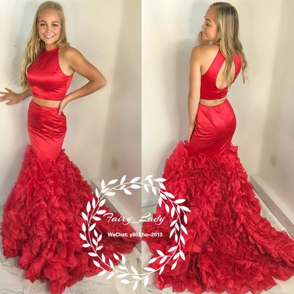 2020 Red Organza Two Piece Prom Dresses Long Cascading Ruffles