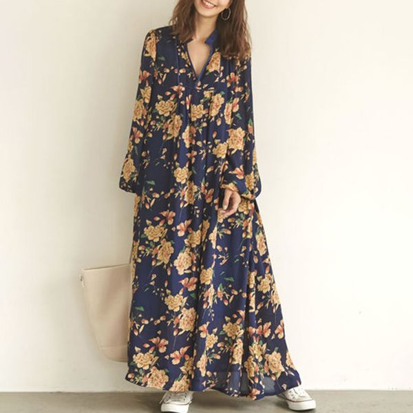 

women boho dress 2019 fall fashion foral print long dresses v neck loose pullover korean causal maxi black/blue robe vestidos, Black;gray