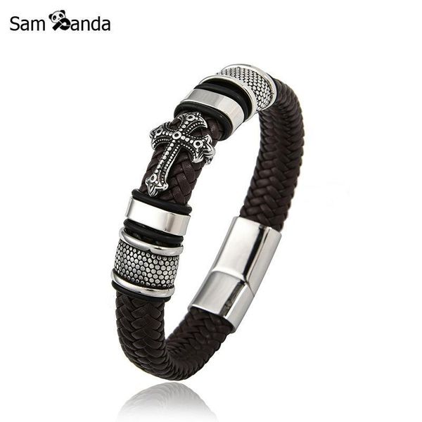 

multi-layer charm cross bracelet men handmade leather weaved bracelets for women punk magnet clasp stainless steel jewelry, Golden;silver