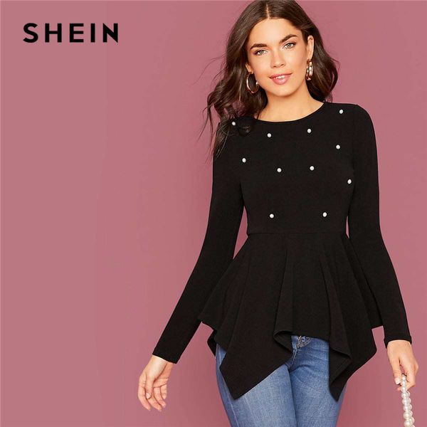 

shein pearl embellished hanky hem peplum women spring autumn fitted flared round neck elegant womens and blouses, White