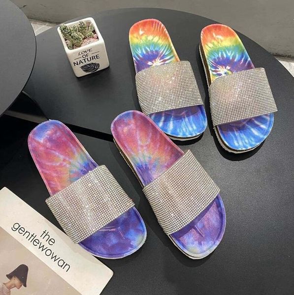 

women color tie-dye slippers summer drill glitter bling slides anti-skid flat shoes low heel flip flops crystal bling sandals d61008, Black;grey