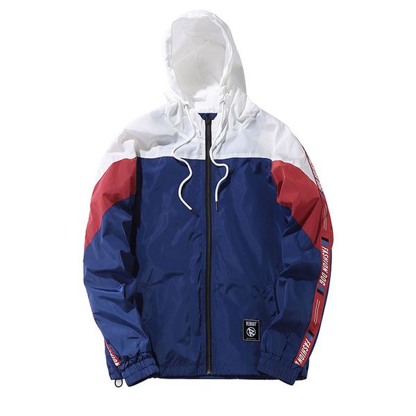 

color block patchwork windbreaker hooded jackets men hip hop full zip up pullover tracksuit jacket fashion streetwear, Black;brown